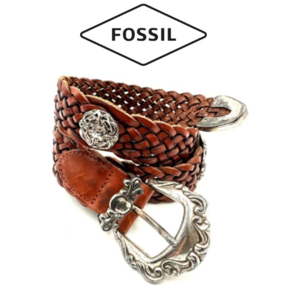 Fossil Vintage Western Concho Belt Brown Leather Basketweave Woven SIZE MEDIUM